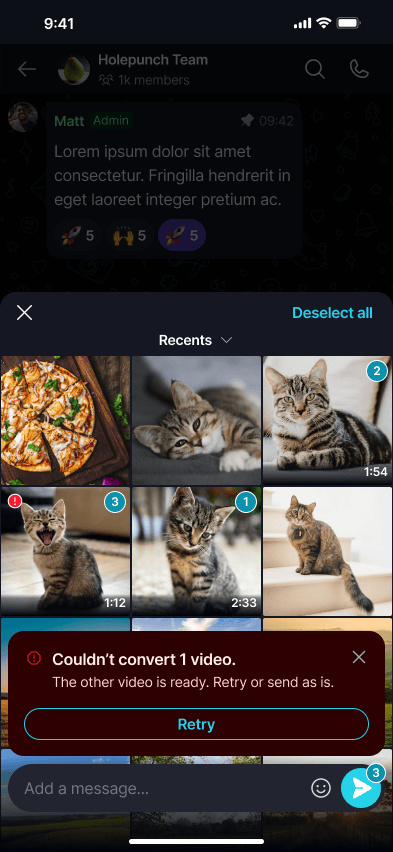 Convert Incompatible Videos ποΈ Β· Mobile Couldn't convert 1 video - the other video is ready, with a Retry option.