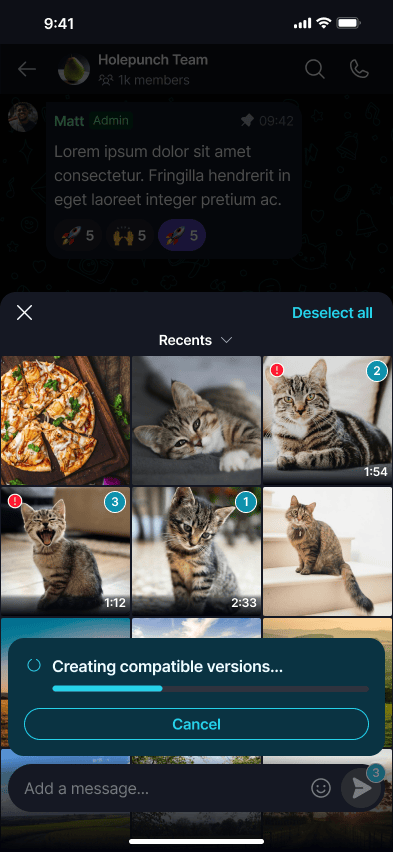 Convert Incompatible Videos ποΈ Β· Mobile Creating compatible versions - progress bar with a Cancel button.
