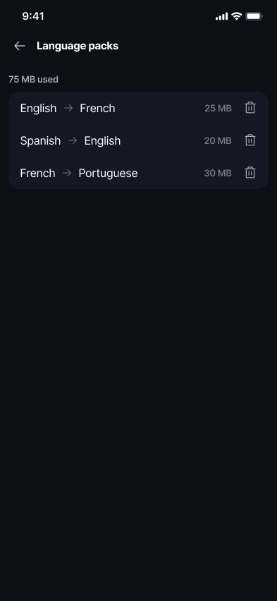 Language Packs π¦ Β· Mobile Each downloaded pair is listed with its direction, size, and a delete action.