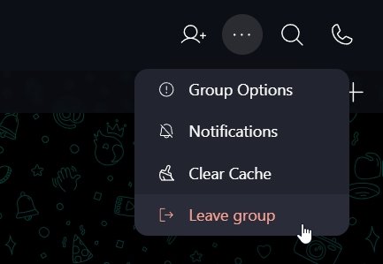 Leave Group🚪 In a group that you want to leave, click '...' and select 'Leave group':.