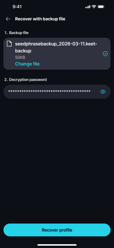 Recover a Profile Attach your encrypted backup file and enter the decryption password.