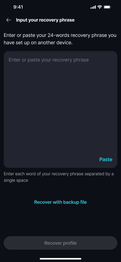 Recover a Profile Enter or paste your 24-word recovery phrase.