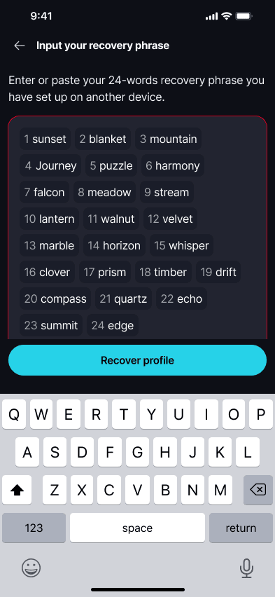 Recover a Profile Keet highlights the recovery phrase field if the words don't match.